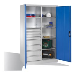 C+P Werkzeugschrank mit Drehtüren, 6 Böden, 8 Schübe, H1950xB1200xT500mm, Lichtgrau/Lichtblau