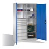 C+P Werkzeugschrank mit Drehtüren, 6 Böden, 8 Schübe, H1950xB1200xT500mm, Lichtgrau/Lichtblau