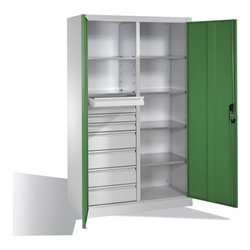 C+P Werkzeugschrank mit Drehtüren, 6 Böden, 8 Schübe, H1950xB1200xT500mm, Lichtgrau/Resedagrün