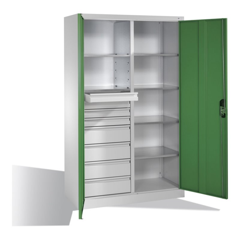 C+P Werkzeugschrank mit Drehtüren, 6 Böden, 8 Schübe, H1950xB1200xT500mm, Lichtgrau/Resedagrün