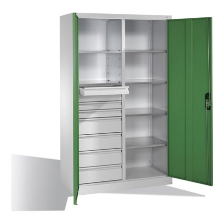 C+P Werkzeugschrank mit Drehtüren, 6 Böden, 8 Schübe, H1950xB1200xT500mm, Lichtgrau/Resedagrün