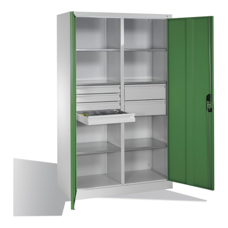 C+P Werkzeugschrank mit Drehtüren, 6 Böden, 6 Schübe, H1950xB1200xT500mm, Lichtgrau/Resedagrün