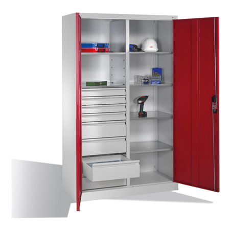 C+P Werkzeugschrank mit Drehtüren, 6 Böden, 8 Schübe, H1950xB1200xT500mm, Lichtgrau/Rubinrot