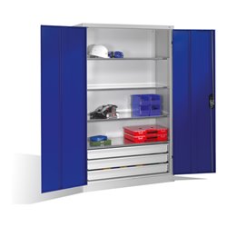 C+P Werkzeugschrank mit Drehtüren, 4 Böden und 3 Schübe, H1950xB1200xT500mm Front Enzianblau Korpus Lichtgrau