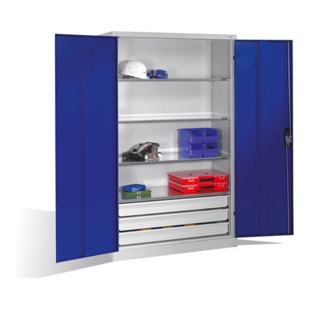 C+P Werkzeugschrank mit Drehtüren, 4 Böden und 3 Schübe, H1950xB1200xT500mm Front Enzianblau Korpus Lichtgrau