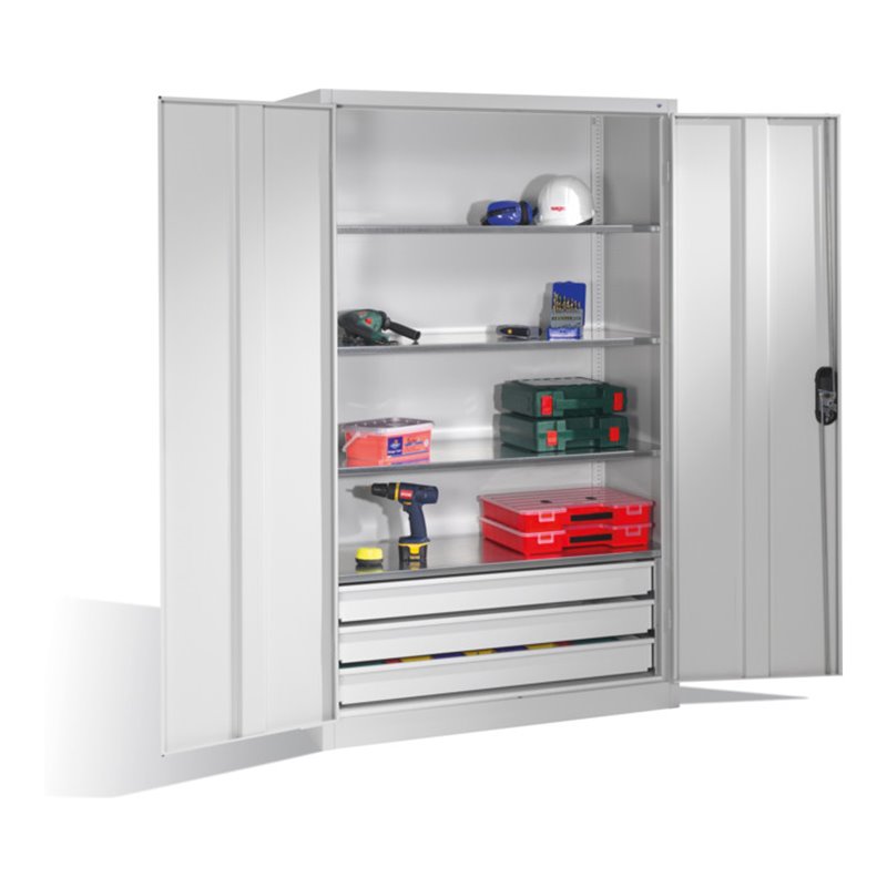 C+P Werkzeugschrank mit Drehtüren, 4 Böden und 3 Schübe, H1950xB1200xT500mm Front Lichtgrau Korpus Lichtgrau