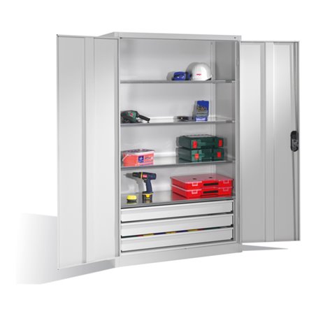 C+P Werkzeugschrank mit Drehtüren, 4 Böden und 3 Schübe, H1950xB1200xT500mm Front Lichtgrau Korpus Lichtgrau