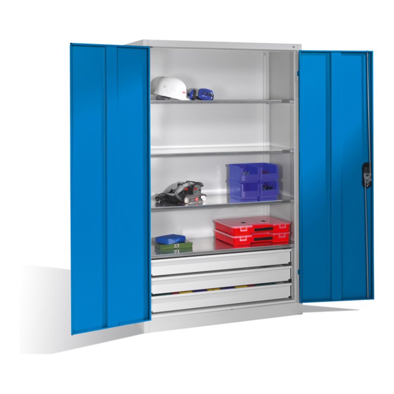 C+P Werkzeugschrank mit Drehtüren, 4 Böden und 3 Schübe, H1950xB1200xT500mm Front Lichtblau Korpus Lichtgrau