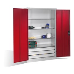 C+P Werkzeugschrank mit Drehtüren, 4 Böden und 3 Schübe, H1950xB1200xT500mm Front Rubinrot Korpus Lichtgrau