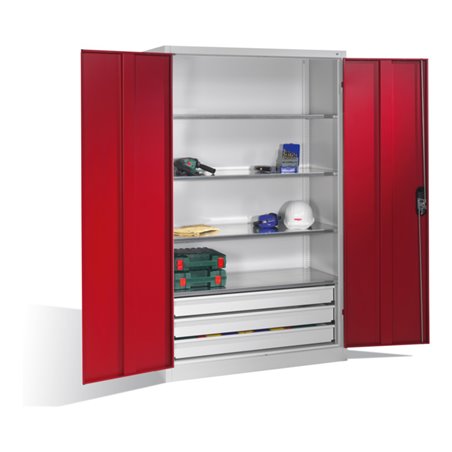 C+P Werkzeugschrank mit Drehtüren, 4 Böden und 3 Schübe, H1950xB1200xT500mm Front Rubinrot Korpus Lichtgrau