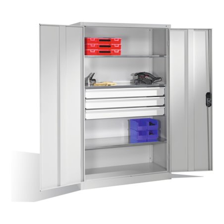 C+P Werkzeugschrank mit Drehtüren, 3 Böden und 3 Schübe, H1950xB1200xT500mm Front Lichtgrau Korpus Lichtgrau