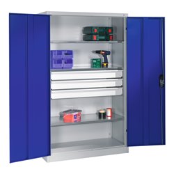 C+P Werkzeugschrank mit Drehtüren, 3 Böden und 3 Schübe, H1950xB1200xT500mm Front Enzianblau Korpus Lichtgrau