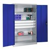C+P Werkzeugschrank mit Drehtüren, 3 Böden und 3 Schübe, H1950xB1200xT500mm Front Enzianblau Korpus Lichtgrau