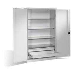 C+P Schwerlastschrank mit Drehtüren, 4 Böden und 3 Schübe, H1950xB1200xT500mm Front Lichtgrau Korpus Lichtgrau