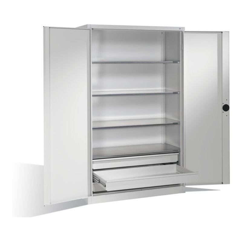 C+P Schwerlastschrank mit Drehtüren, 4 Böden und 3 Schübe, H1950xB1200xT500mm Front Lichtgrau Korpus Lichtgrau