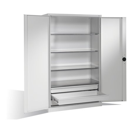 C+P Schwerlastschrank mit Drehtüren, 4 Böden und 3 Schübe, H1950xB1200xT500mm Front Lichtgrau Korpus Lichtgrau