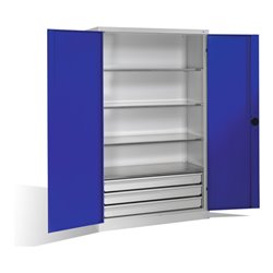 C+P Schwerlastschrank mit Drehtüren, 4 Böden und 3 Schübe, H1950xB1200xT500mm Front Enzianblau Korpus Lichtgrau