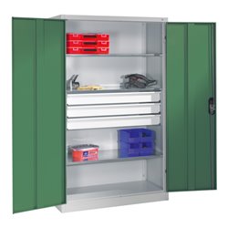 C+P Werkzeugschrank mit Drehtüren, 3 Böden und 3 Schübe, H1950xB1200xT500mm Front Resedagrün Korpus Lichtgrau