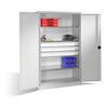 C+P Schwerlastschrank mit Drehtüren, 3 Böden und 3 Schübe, H1950xB1200xT500mm Front Lichtgrau Korpus Lichtgrau