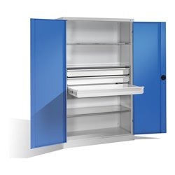 C+P Schwerlastschrank mit Drehtüren, 3 Böden und 3 Schübe, H1950xB1200xT500mm Front Lichtblau Korpus Lichtgrau