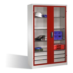 C+P Werkzeugschrank, Sichtfenster-Drehtüren, 3 Böden, 3 Schübe, H1950xB1200xT500mm Front Rubinrot Korpus Lichtgrau
