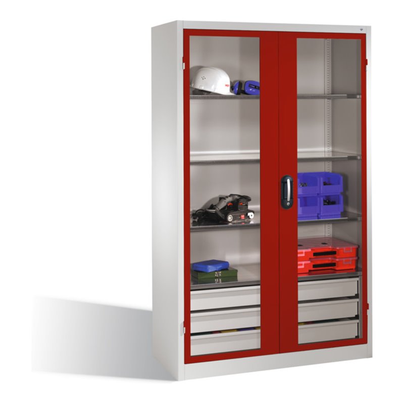 C+P Werkzeugschrank, Sichtfenster-Drehtüren, 3 Böden, 3 Schübe, H1950xB1200xT500mm Front Rubinrot Korpus Lichtgrau