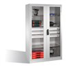 C+P Werkzeugschrank, Sichtfenster-Drehtüren, 3 Böden, 3 Schübe, H1950xB1200xT500mm Front Lichtgrau Korpus Lichtgrau