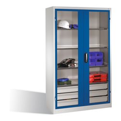 C+P Werkzeugschrank, Sichtfenster-Drehtüren, 3 Böden, 3 Schübe, H1950xB1200xT500mm Front Enzianblau Korpus Lichtgrau