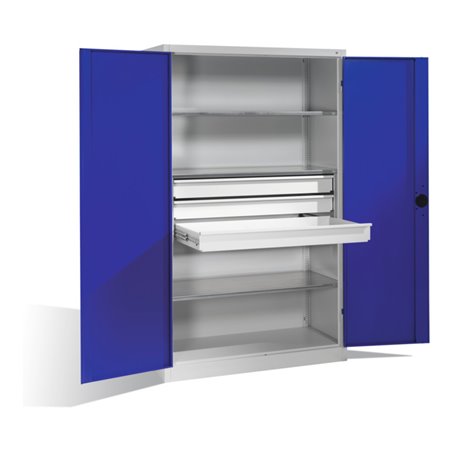C+P Schwerlastschrank mit Drehtüren, 3 Böden und 3 Schübe, H1950xB1200xT500mm Front Enzianblau Korpus Lichtgrau