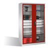 C+P Werkzeugschrank, Sichtfenster-Drehtüren, 4 Böden, 3 Schübe, H1950xB1200xT500mm Front Rubinrot Korpus Lichtgrau