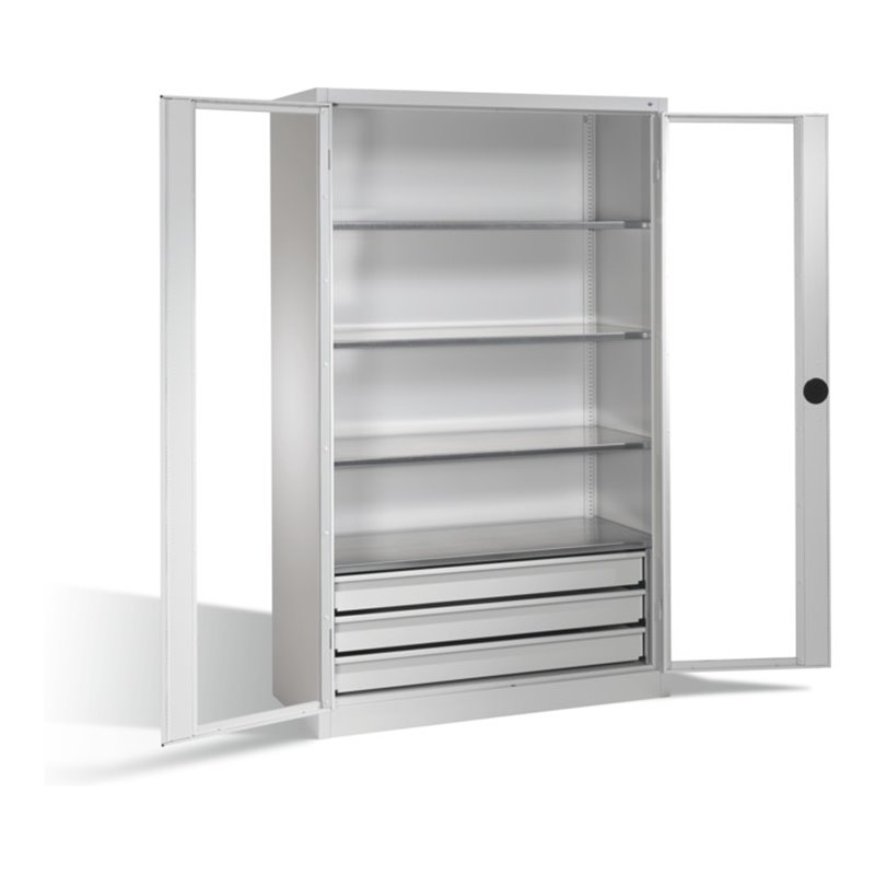 C+P Werkzeugschrank, Sichtfenster-Drehtüren, 4 Böden, 3 Schübe, H1950xB1200xT500mm Front Lichtgrau Korpus Lichtgrau