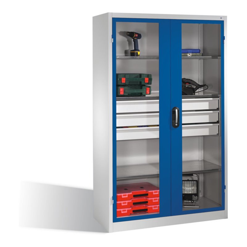 C+P Werkzeugschrank, Sichtfenster-Drehtüren, 4 Böden, 3 Schübe, H1950xB1200xT500mm Front Enzianblau Korpus Lichtgrau