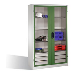 C+P Werkzeugschrank, Sichtfenster-Drehtüren, 3 Böden, 3 Schübe, H1950xB1200xT500mm Front Resedagrün Korpus Lichtgrau