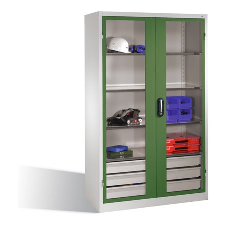 C+P Werkzeugschrank, Sichtfenster-Drehtüren, 3 Böden, 3 Schübe, H1950xB1200xT500mm Front Resedagrün Korpus Lichtgrau