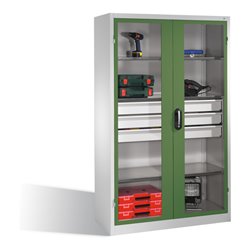 C+P Werkzeugschrank, Sichtfenster-Drehtüren, 4 Böden, 3 Schübe, H1950xB1200xT500mm Front Resedagrün Korpus Lichtgrau