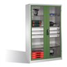 C+P Werkzeugschrank, Sichtfenster-Drehtüren, 4 Böden, 3 Schübe, H1950xB1200xT500mm Front Resedagrün Korpus Lichtgrau