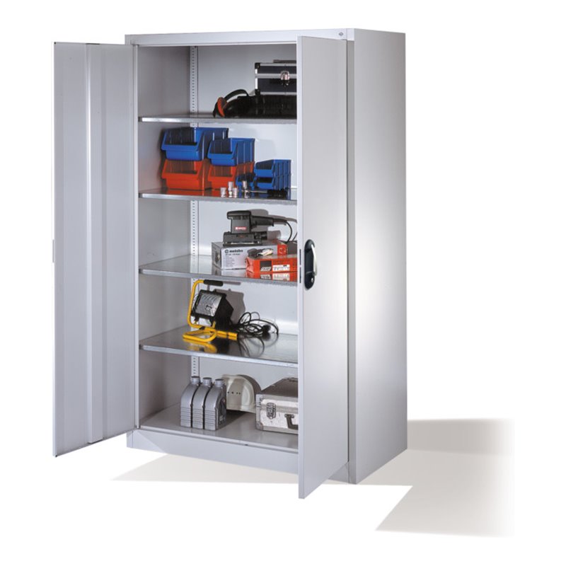 C+P Werkzeugschrank mit Drehtüren, innen 4 Böden, H1950xB1200xT600mm Front Lichtgrau Korpus Lichtgrau