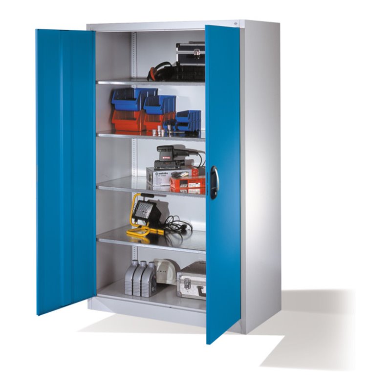 C+P Werkzeugschrank mit Drehtüren, innen 4 Böden, H1950xB1200xT600mm Front Lichtblau Korpus Lichtgrau