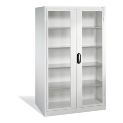 C+P Werkzeugschrank mit Sichtfenster-Drehtüren, innen 4 Böden, H1950xB1200xT600mm Front Lichtgrau Korpus Lichtgrau