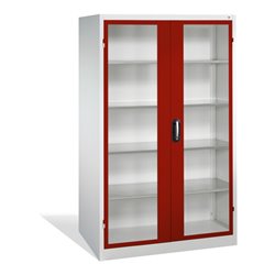 C+P Werkzeugschrank mit Sichtfenster-Drehtüren, innen 4 Böden, H1950xB1200xT600mm Front Rubinrot Korpus Lichtgrau