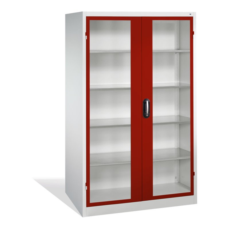 C+P Werkzeugschrank mit Sichtfenster-Drehtüren, innen 4 Böden, H1950xB1200xT600mm Front Rubinrot Korpus Lichtgrau