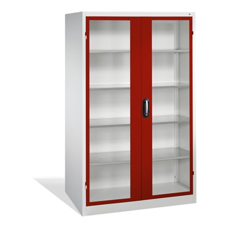 C+P Werkzeugschrank mit Sichtfenster-Drehtüren, innen 4 Böden, H1950xB1200xT600mm Front Rubinrot Korpus Lichtgrau