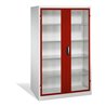 C+P Werkzeugschrank mit Sichtfenster-Drehtüren, innen 4 Böden, H1950xB1200xT600mm Front Rubinrot Korpus Lichtgrau