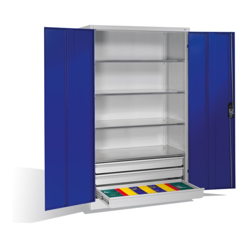 C+P Werkzeugschrank mit Drehtüren, 4 Böden und 3 Schübe, H1950xB1200xT600mm Front Enzianblau Korpus Lichtgrau