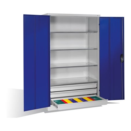C+P Werkzeugschrank mit Drehtüren, 4 Böden und 3 Schübe, H1950xB1200xT600mm Front Enzianblau Korpus Lichtgrau