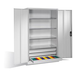 C+P Werkzeugschrank mit Drehtüren, 4 Böden und 3 Schübe, H1950xB1200xT600mm Front Lichtgrau Korpus Lichtgrau