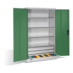 C+P Werkzeugschrank mit Drehtüren, 4 Böden und 3 Schübe, H1950xB1200xT600mm Front Resedagrün Korpus Lichtgrau