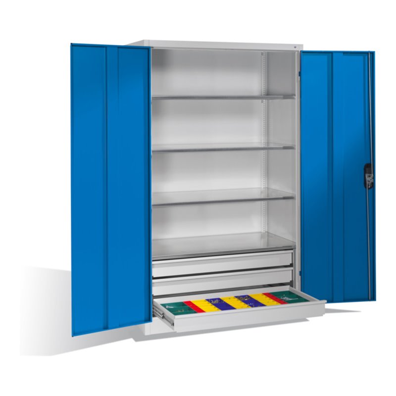 C+P Werkzeugschrank mit Drehtüren, 4 Böden und 3 Schübe, H1950xB1200xT600mm Front Lichtblau Korpus Lichtgrau