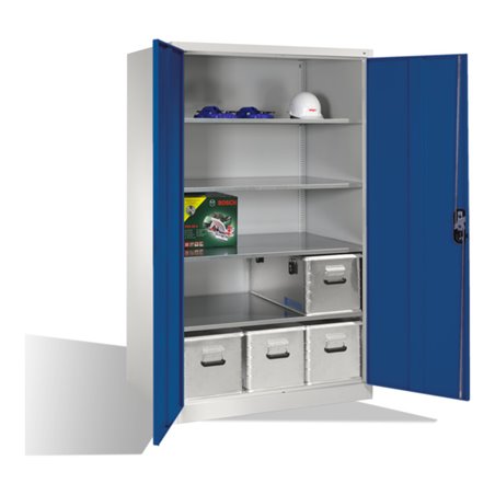 C+P Werkzeugschrank XXL mit Drehtüren, innen 4 Böden, H1950xB1200xT800mm Front Enzianblau Korpus Lichtgrau