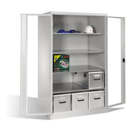 C+P Werkzeugschrank XXL mit Sichtfenster-Drehtüren, 4 Böden, H1950xB1200xT800mm Front Lichtgrau Korpus Lichtgrau